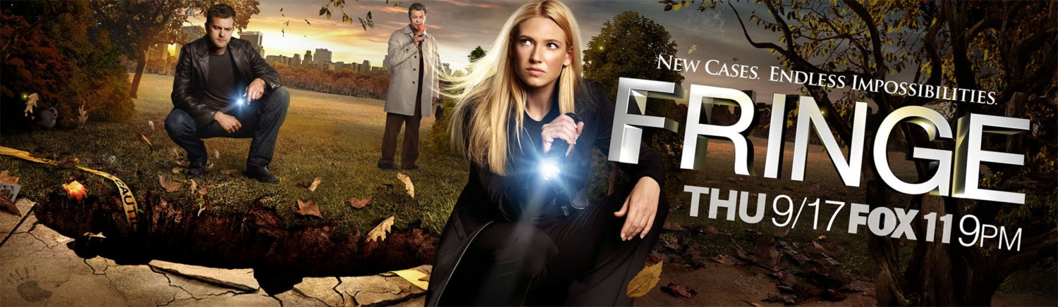 Fringe promotional image featuring Olivia Dunham, Peter Bishop, and Walter Bishop investigating a strange scene in a park