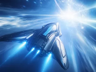 Abstract sci-fi featured image for AbramsFans Star Trek reboot article with a sleek starship and blue-white warp light