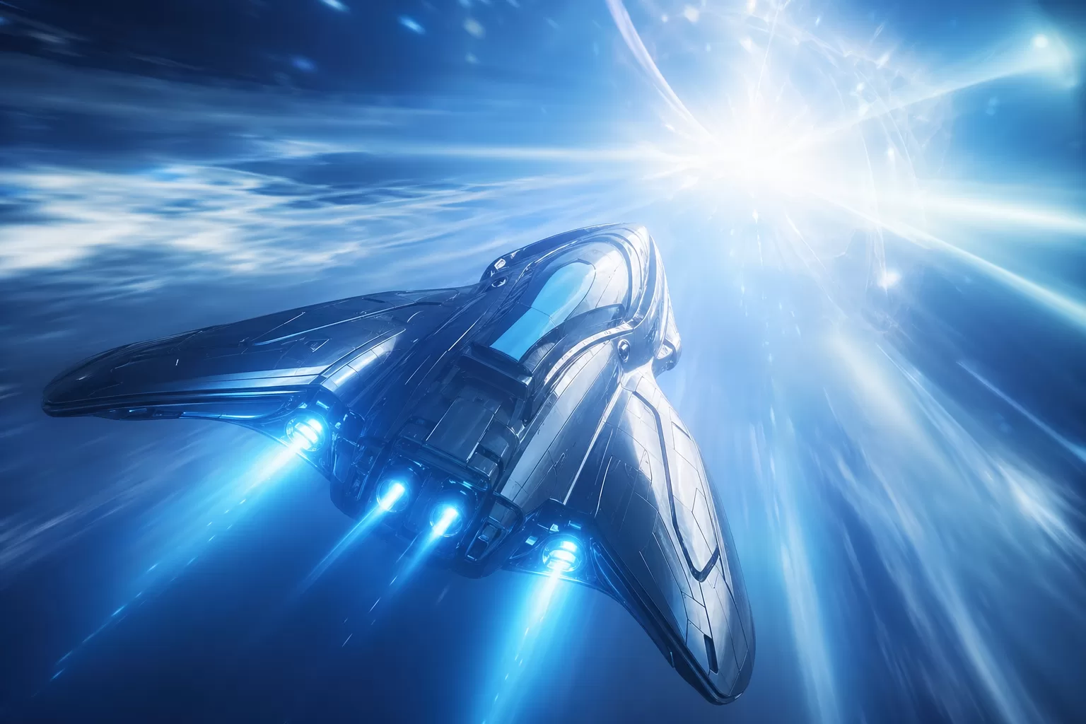 Abstract sci-fi featured image for AbramsFans Star Trek reboot article with a sleek starship and blue-white warp light