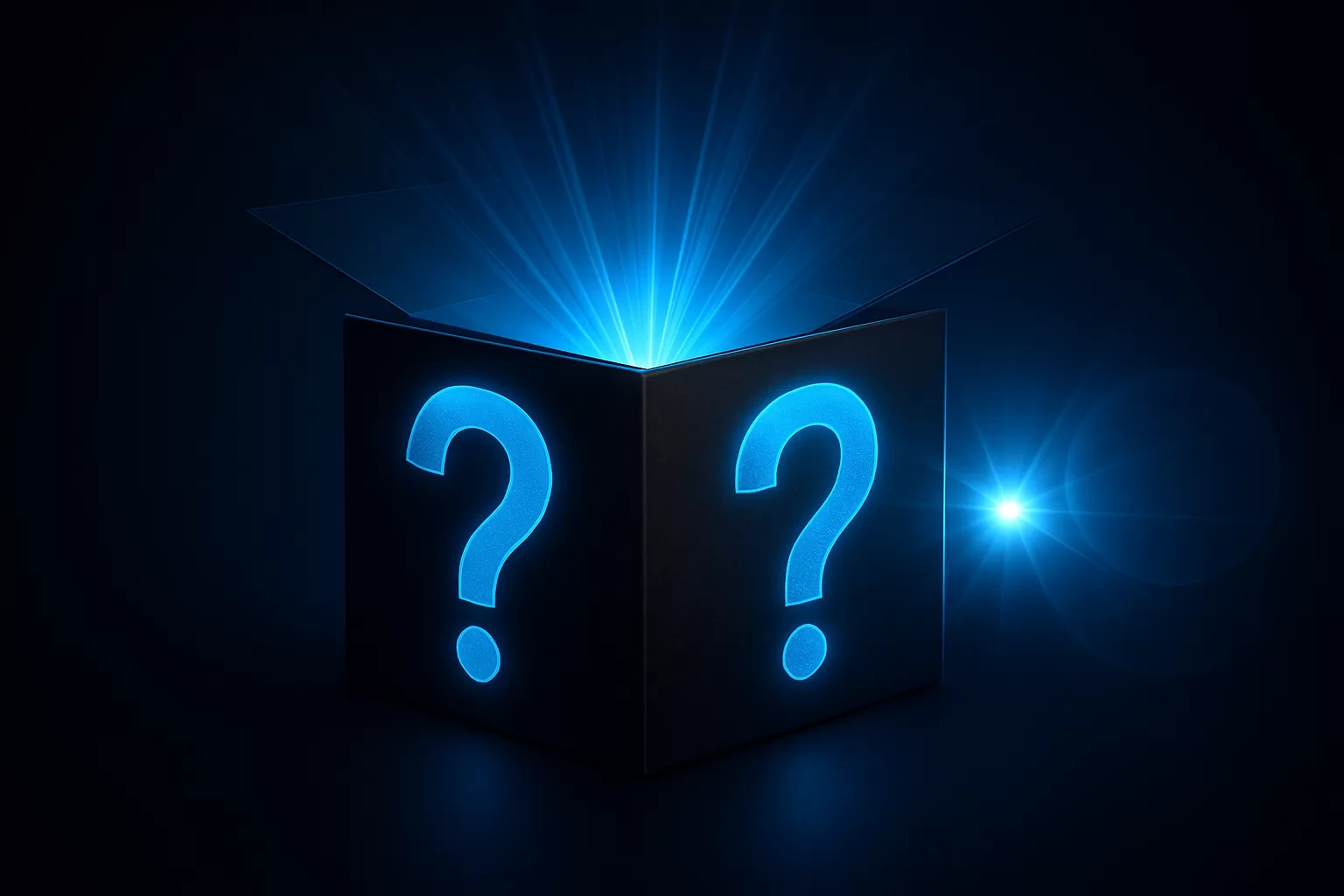 Abstract dark sci-fi fallback story image for J.J. Abrams Fans with a glowing mystery box, classic question marks, and cinematic blue lens flare