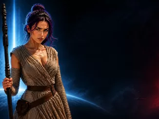 Rey-inspired editorial portrait of Maris Vale with a skeptical raised-eyebrow expression against a dramatic blue-and-red space backdrop for an AbramsFans Star Wars feature.