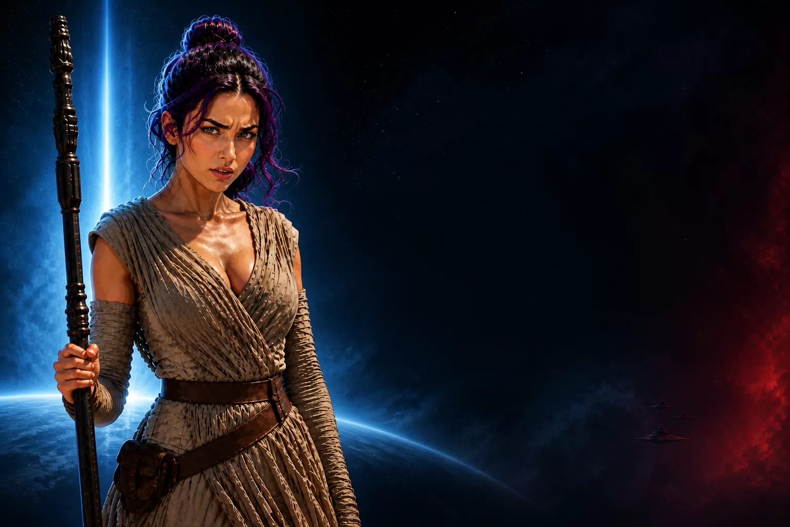 Rey-inspired editorial portrait of Maris Vale with a skeptical raised-eyebrow expression against a dramatic blue-and-red space backdrop for an AbramsFans Star Wars feature.