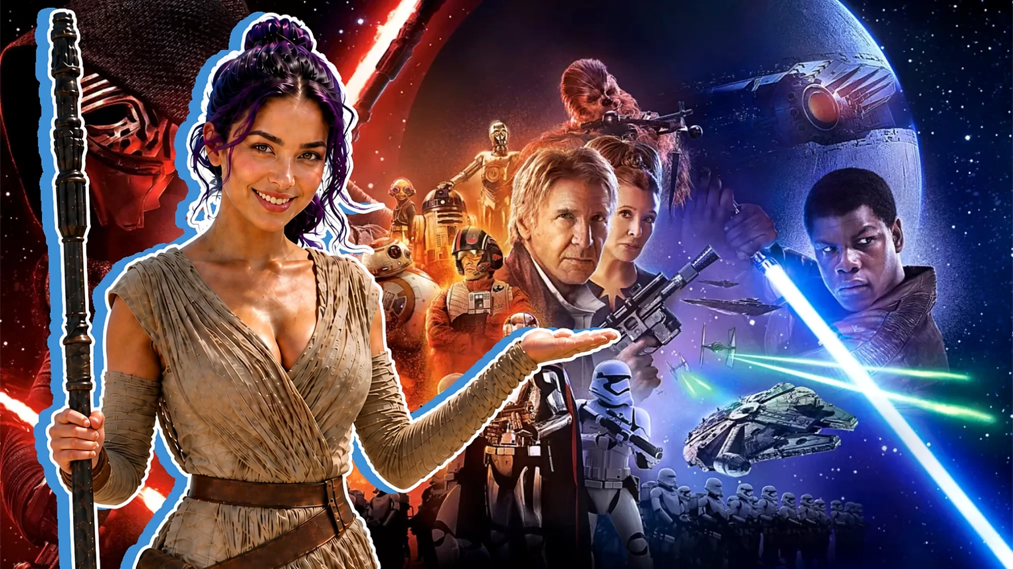 Maren as Rey presenting Star Wars The Force Awakens art