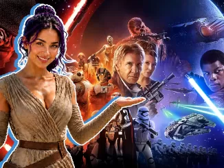 Maren as Rey presenting Star Wars The Force Awakens art
